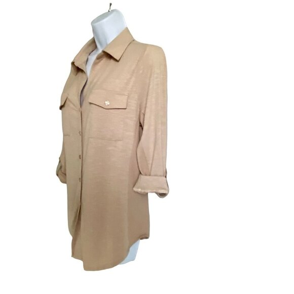 Kiss and Fly Button Down Shirt Roll Tab Sleeves Beige Women's Size Medium - Picture 4 of 9